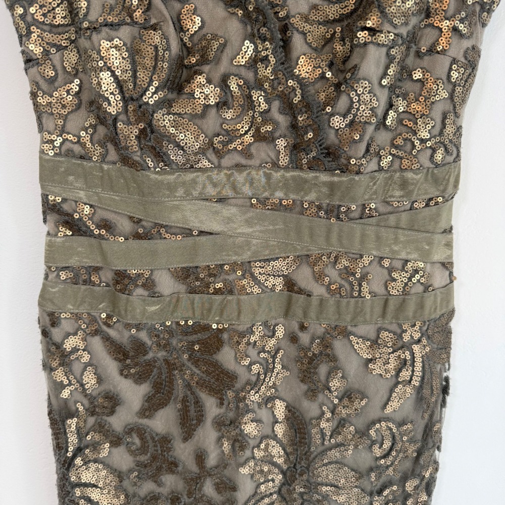 Tadashi Shoji Bronze Olive Sequin Lace Sheath Cocktail Dress Sz 4 Art Deco‎ Glam - Picture 5 of 16